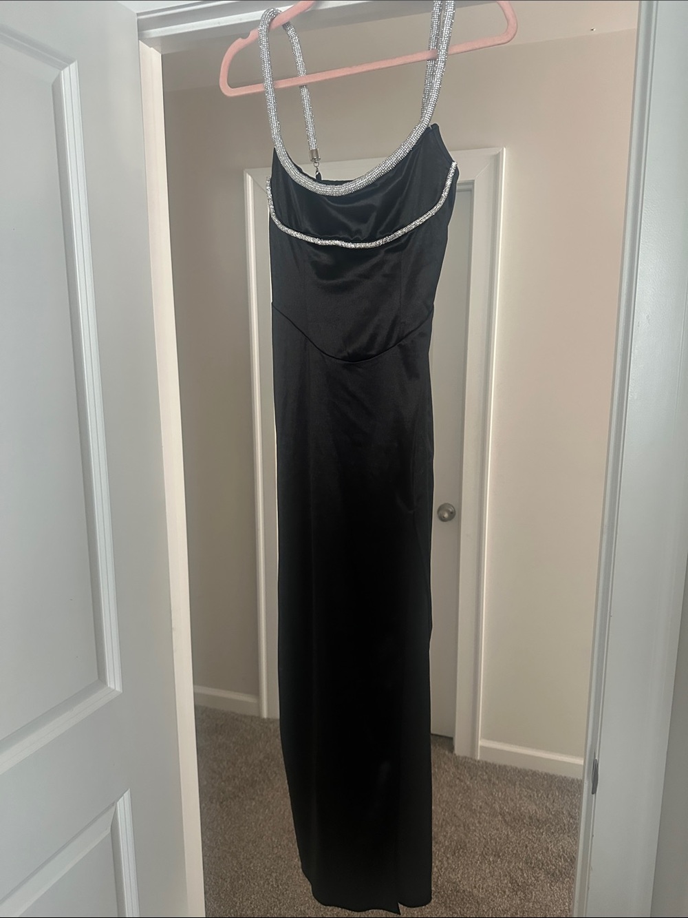 Black Satin Rhinestone Strap Maxi Dress